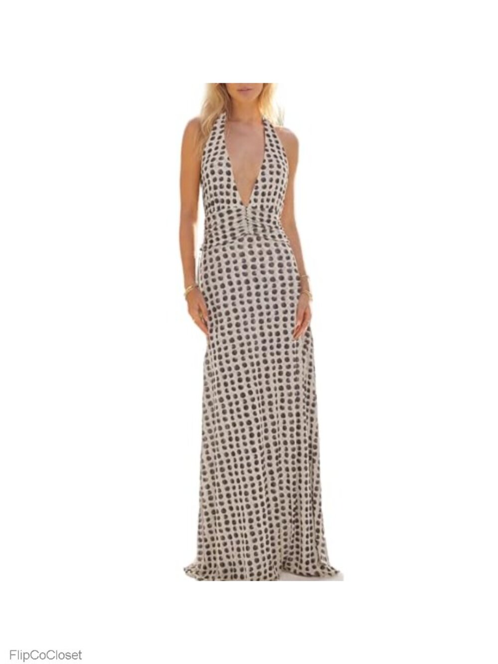 Halter Maxi Dress Women Polka Dot Backless Ruched Waist